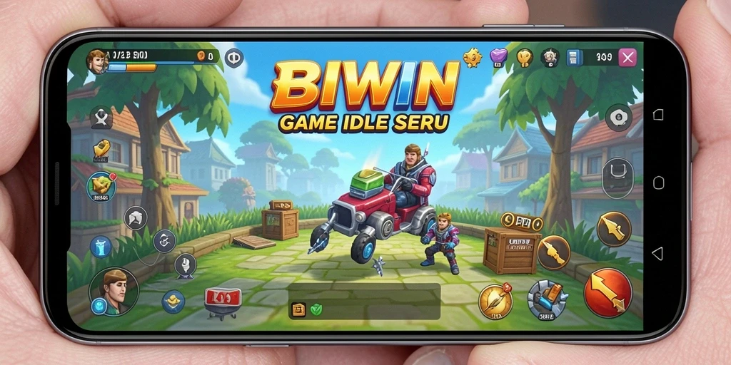 Tampilan gameplay BIWIN dengan karakter yang berkembang dan sumber daya yang terkumpul.