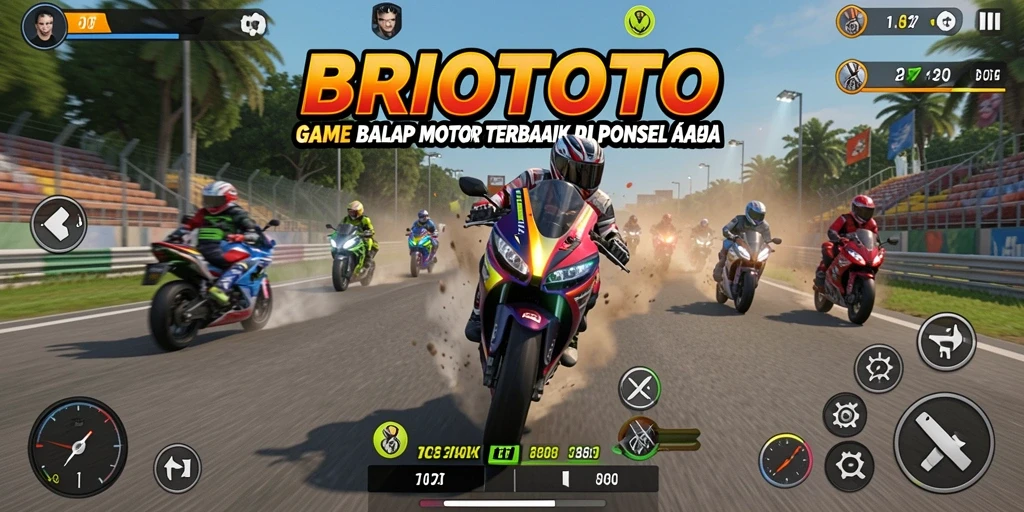 Screenshot gameplay BRIOTOTO menampilkan aksi balap motor yang mendebarkan.