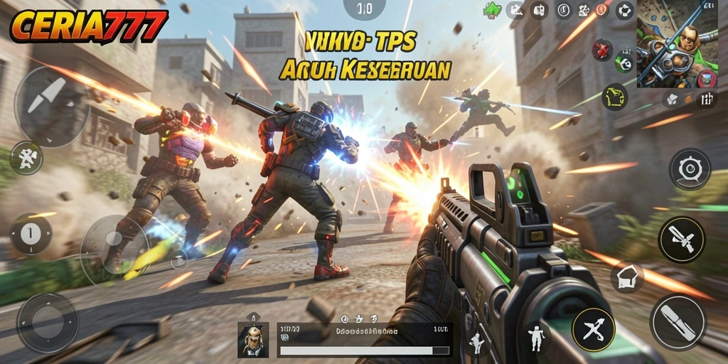 Screenshot CERIA777 menunjukkan aksi pertempuran yang menegangkan dalam gameplay TPS.