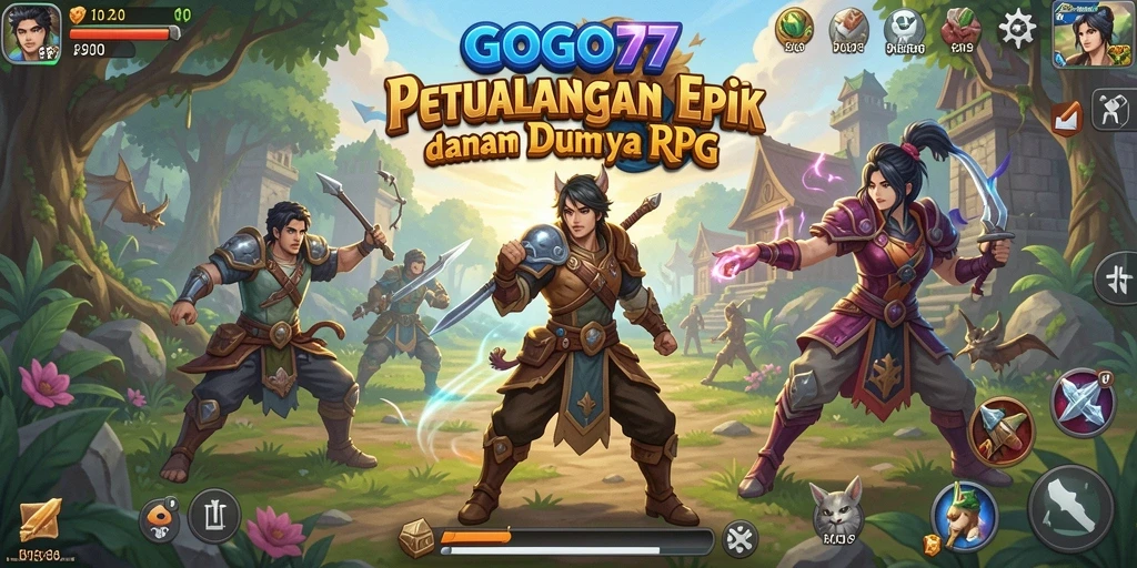 Screenshot utama GOGO77 menampilkan aksi pertarungan RPG yang mendebarkan.