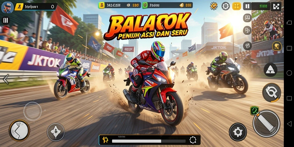 Screenshot JKTOK menunjukkan aksi balapan motor seru di trek menantang.
