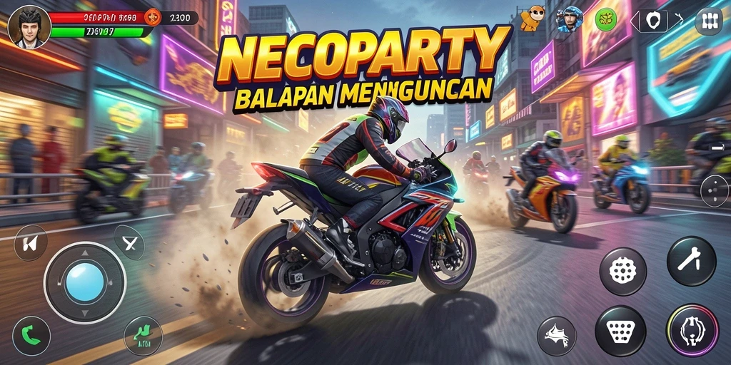 Tampilan inti gameplay NEOPARTY dengan aksi balapan yang seru.